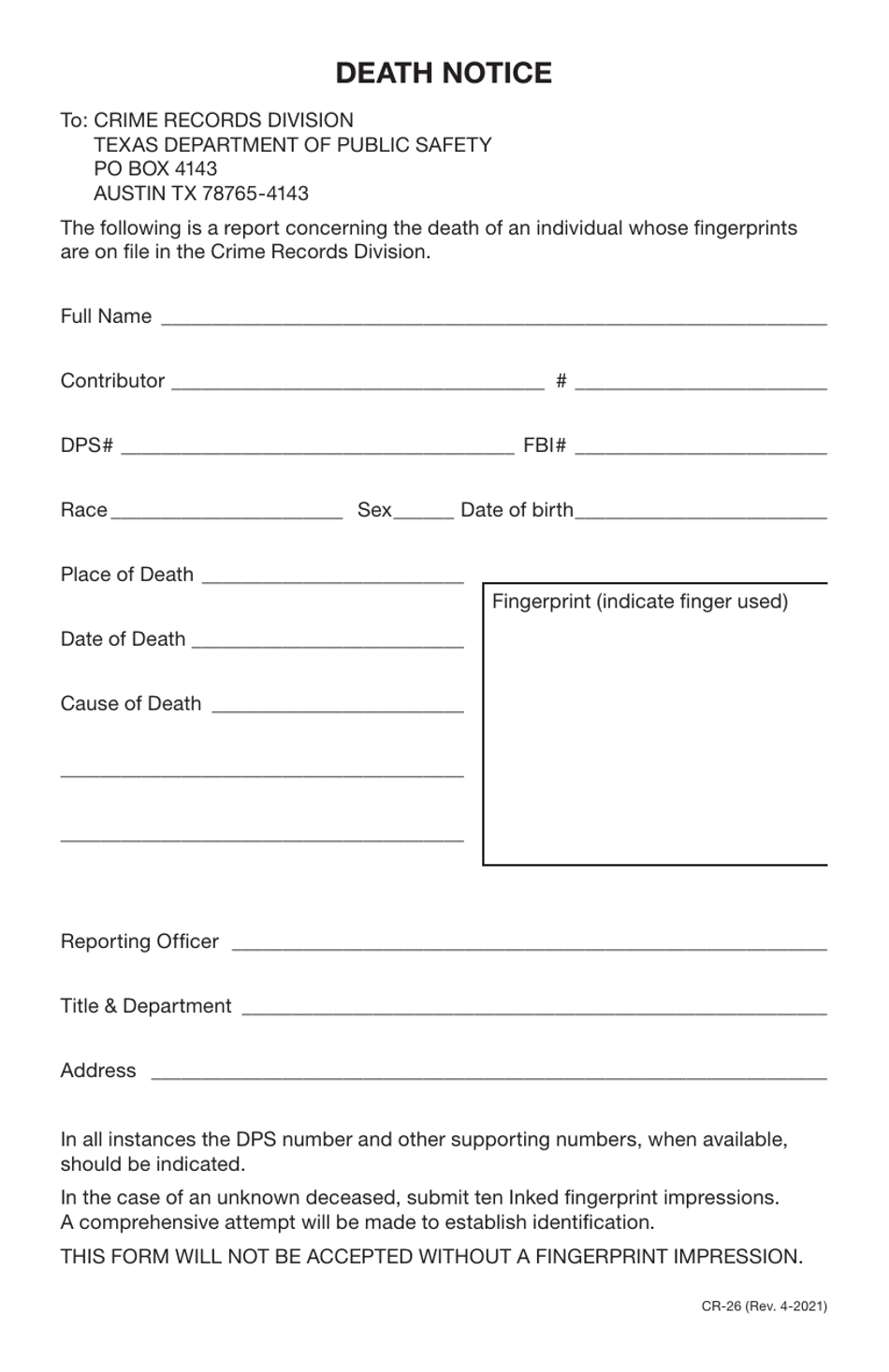Form CR26 Download Printable PDF or Fill Online Death Notice, Texas