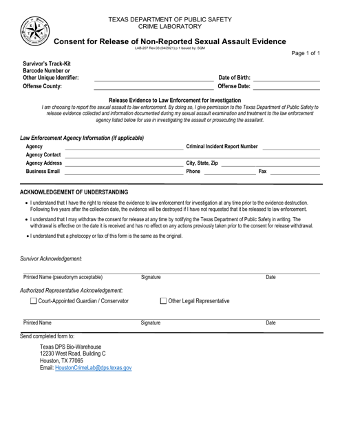 Form LAB-207 Consent for Release of Non-reported Sexual Assault Evidence - Texas