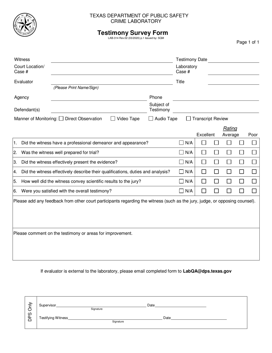 Form LAB-314 Testimony Survey Form - Texas, Page 1