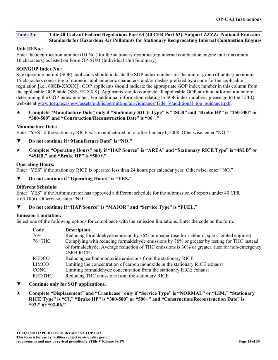 Form TCEQ-10003 (OP-UA2) Stationary Reciprocating Internal Combustion Engine Attributes - Texas, Page 15