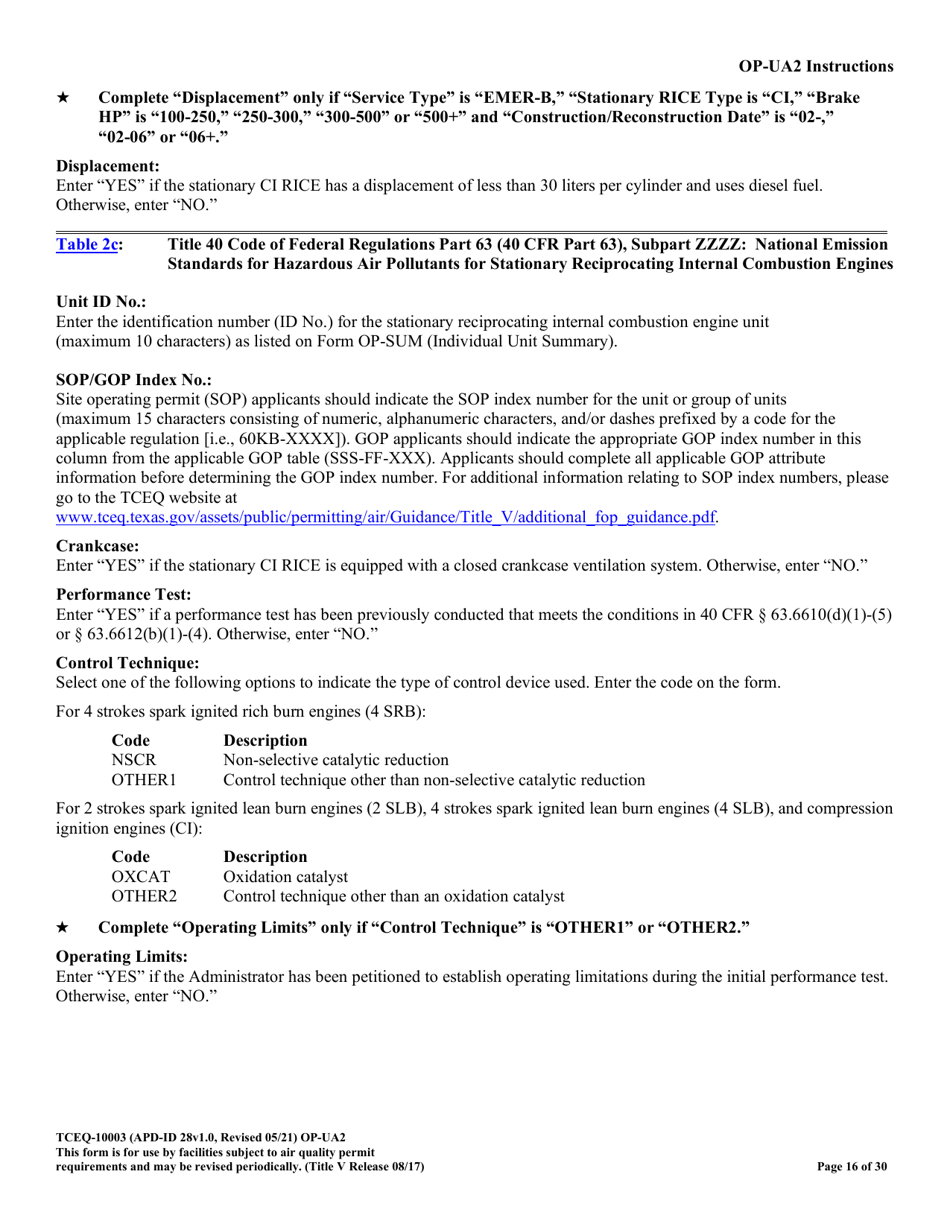 Form TCEQ-10003 (OP-UA2) Stationary Reciprocating Internal Combustion Engine Attributes - Texas, Page 16