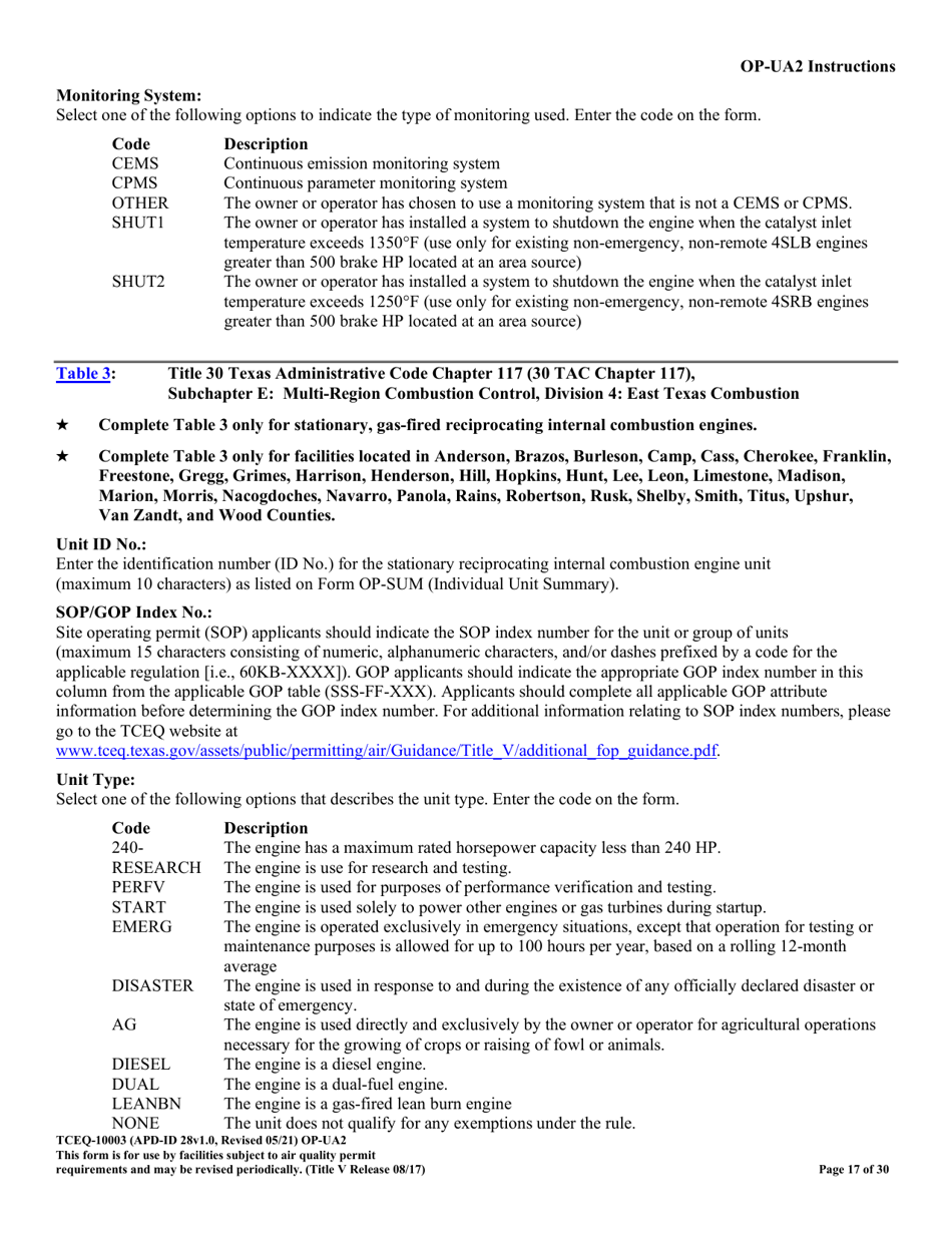 Form TCEQ-10003 (OP-UA2) Stationary Reciprocating Internal Combustion Engine Attributes - Texas, Page 17