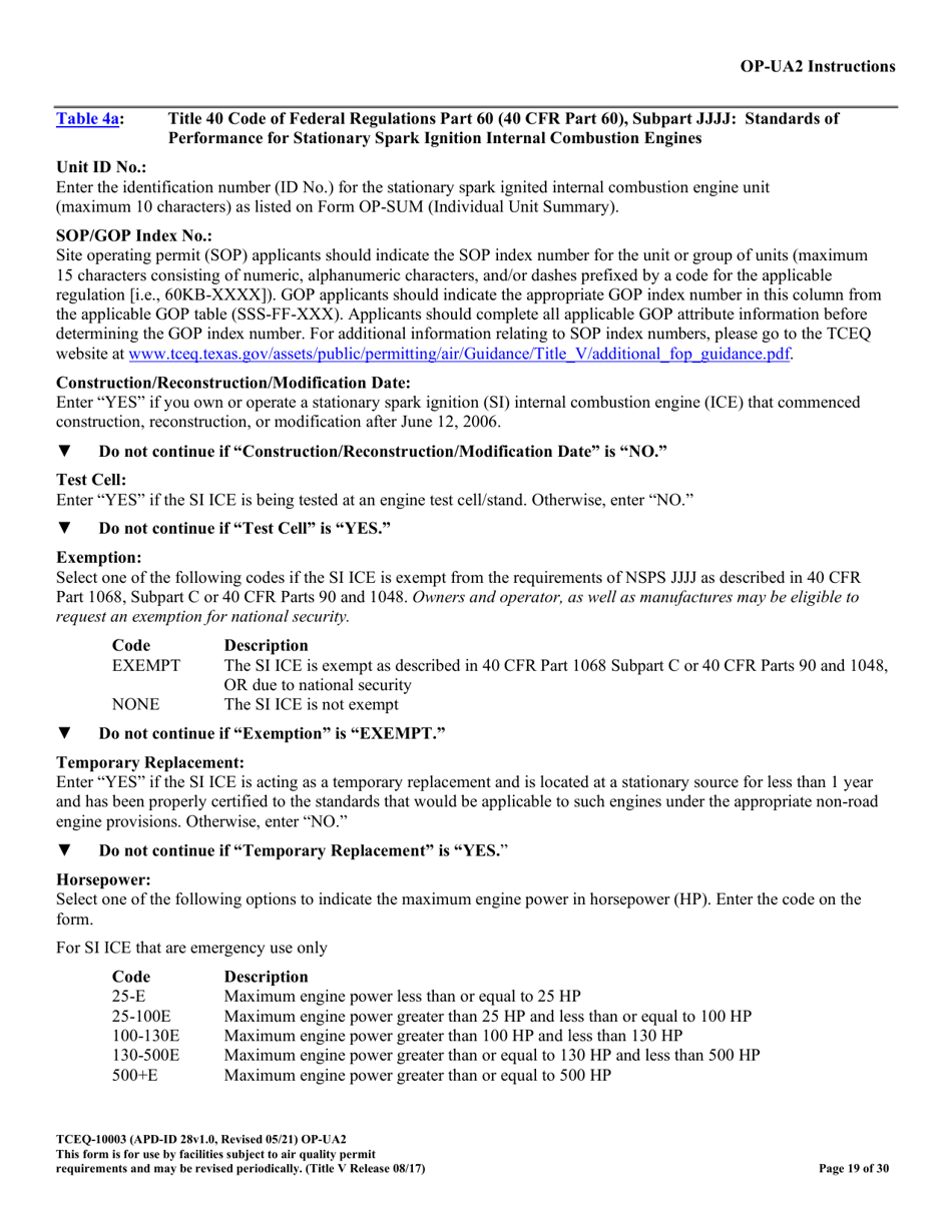 Form TCEQ-10003 (OP-UA2) Stationary Reciprocating Internal Combustion Engine Attributes - Texas, Page 19