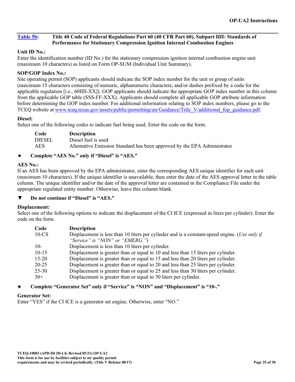 Form TCEQ-10003 (OP-UA2) Stationary Reciprocating Internal Combustion Engine Attributes - Texas, Page 25
