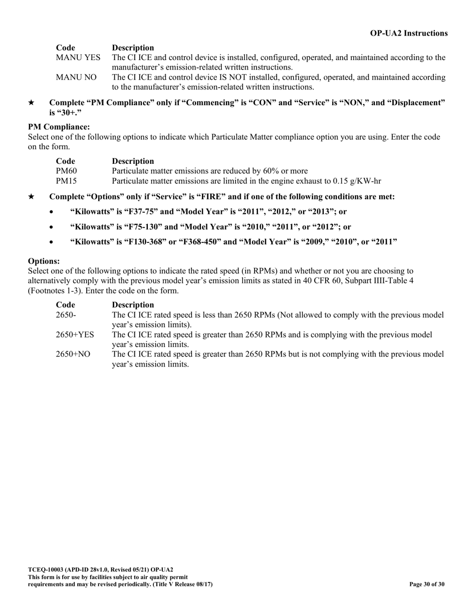 Form TCEQ-10003 (OP-UA2) Stationary Reciprocating Internal Combustion Engine Attributes - Texas, Page 30