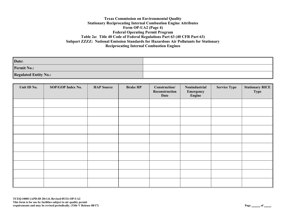 Form TCEQ-10003 (OP-UA2) Stationary Reciprocating Internal Combustion Engine Attributes - Texas, Page 34