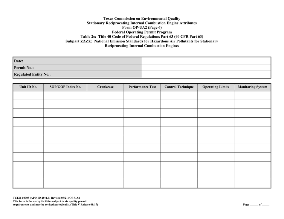Form TCEQ-10003 (OP-UA2) Stationary Reciprocating Internal Combustion Engine Attributes - Texas, Page 36