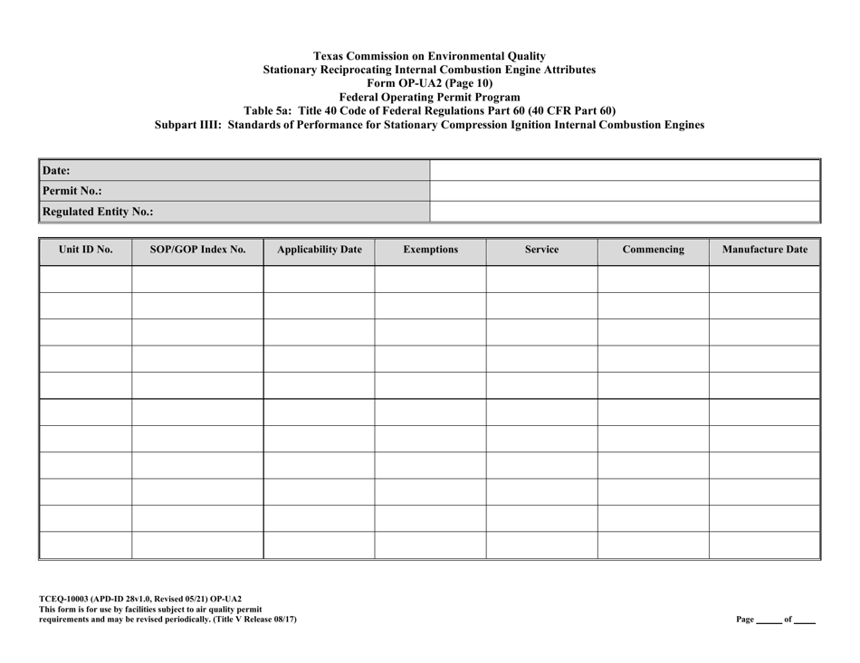 Form TCEQ-10003 (OP-UA2) Stationary Reciprocating Internal Combustion Engine Attributes - Texas, Page 40
