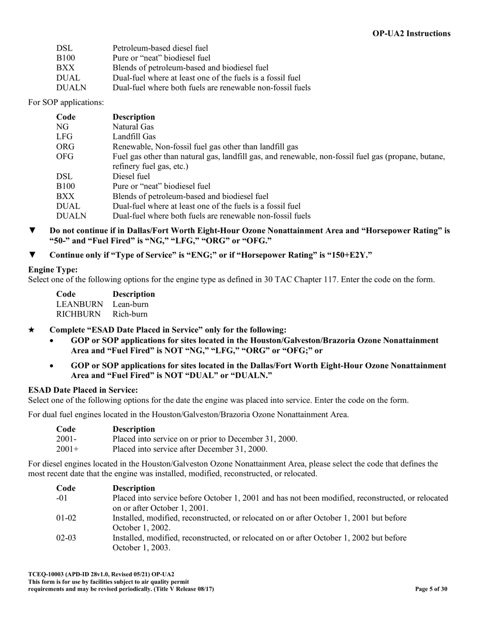 Form TCEQ-10003 (OP-UA2) Stationary Reciprocating Internal Combustion Engine Attributes - Texas, Page 5