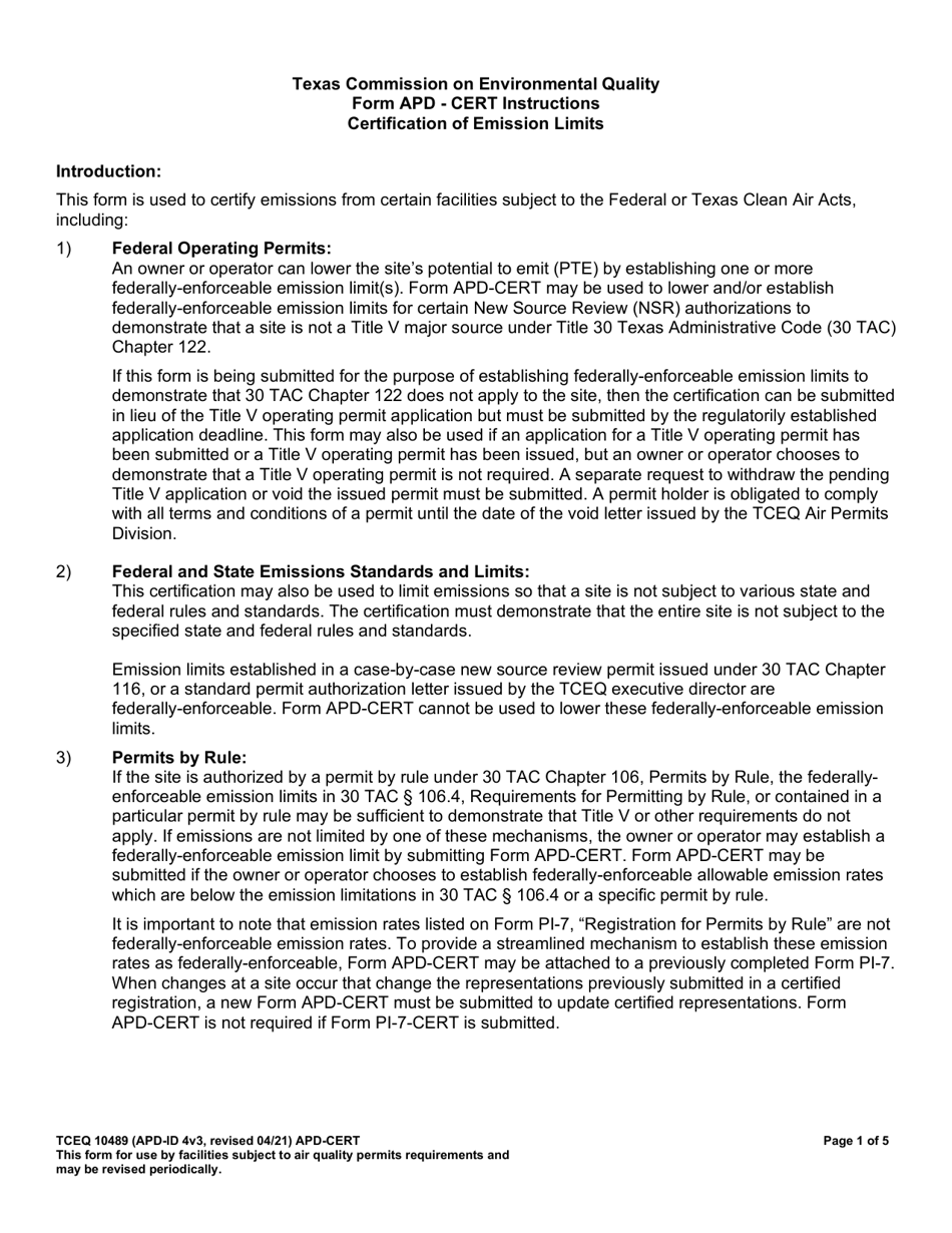 Form TCEQ-10489 (APD-CERT) Certification of Emission Limits - Texas, Page 1