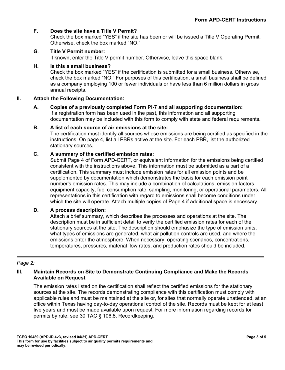 Form TCEQ-10489 (APD-CERT) Certification of Emission Limits - Texas, Page 3