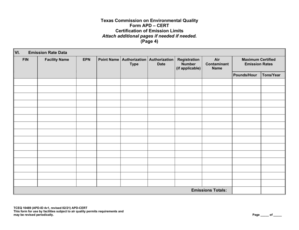 Form TCEQ-10489 (APD-CERT) Certification of Emission Limits - Texas, Page 9