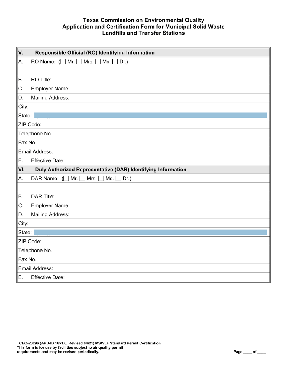Form TCEQ-20296 Standard Permit Certification Municipal Solid Waste Landfills and Transfer Stations Application - Texas, Page 10