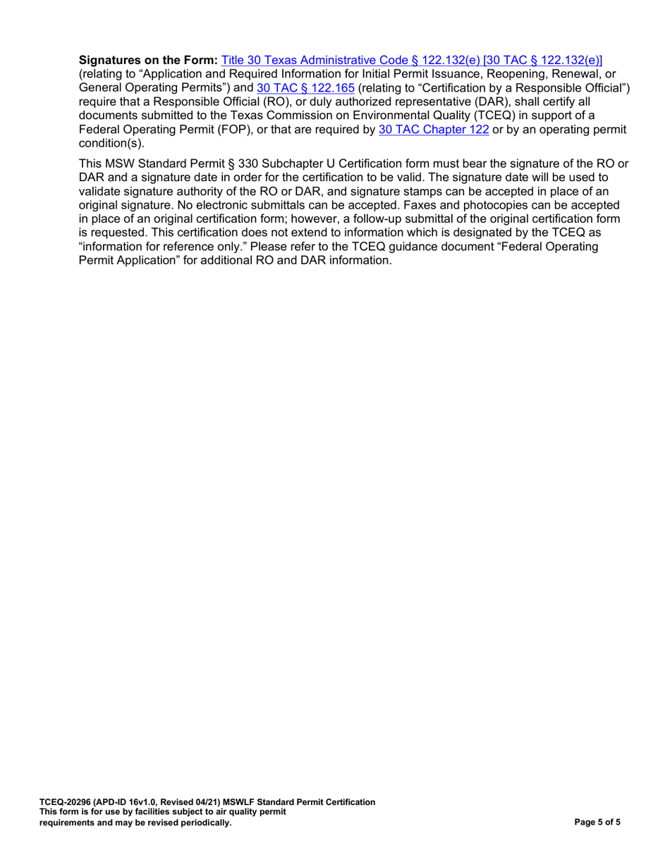 Form TCEQ-20296 Standard Permit Certification Municipal Solid Waste Landfills and Transfer Stations Application - Texas, Page 5