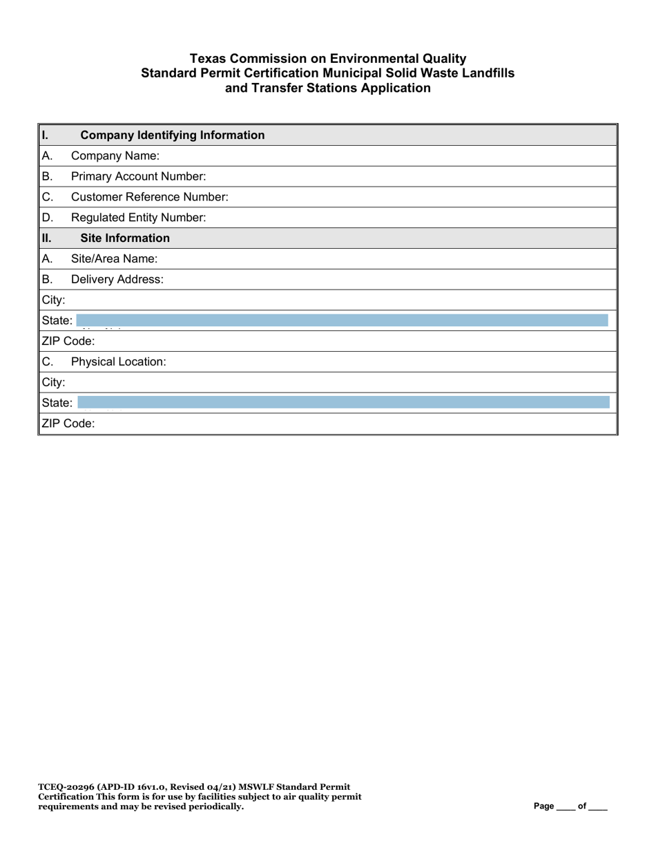 Form TCEQ-20296 Standard Permit Certification Municipal Solid Waste Landfills and Transfer Stations Application - Texas, Page 6
