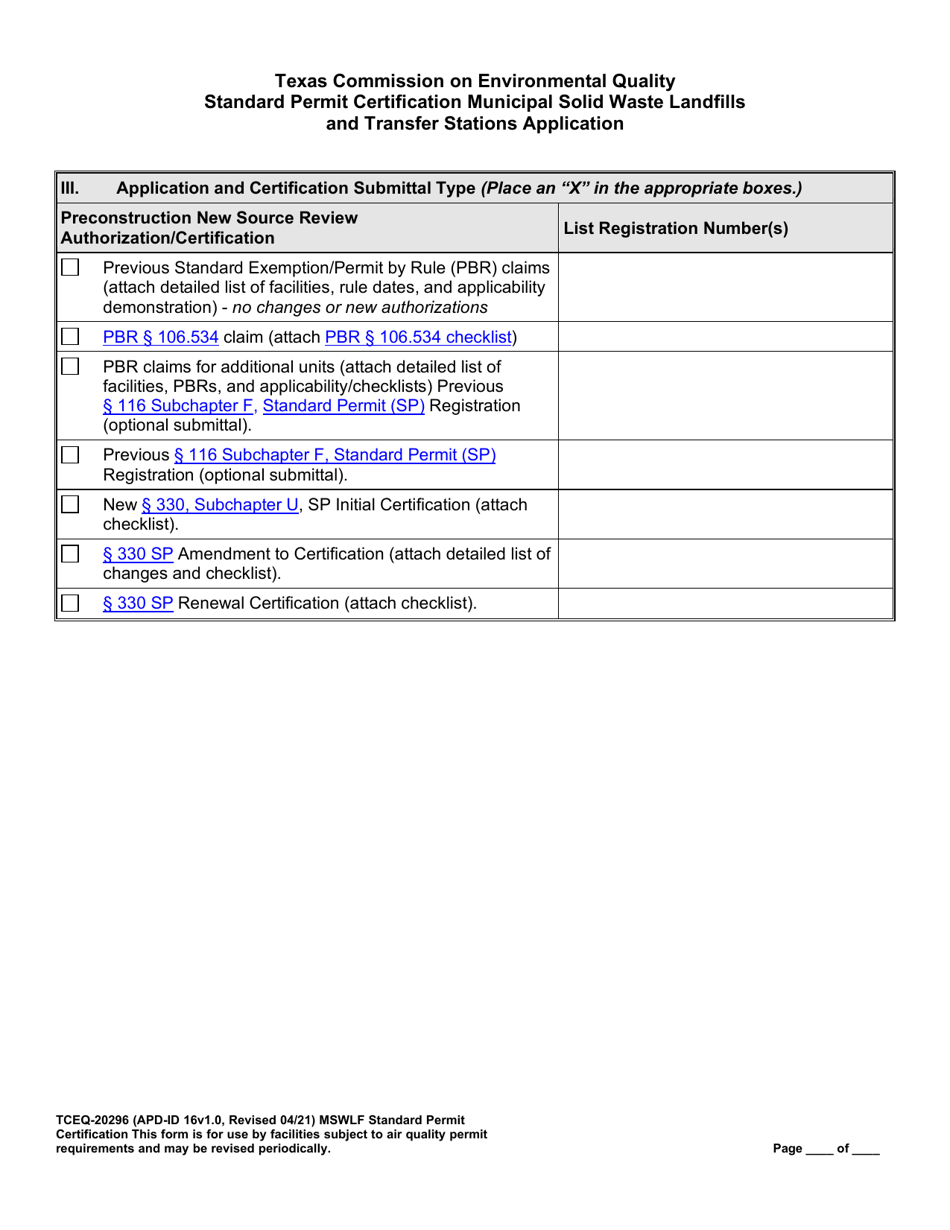 Form TCEQ-20296 Standard Permit Certification Municipal Solid Waste Landfills and Transfer Stations Application - Texas, Page 7