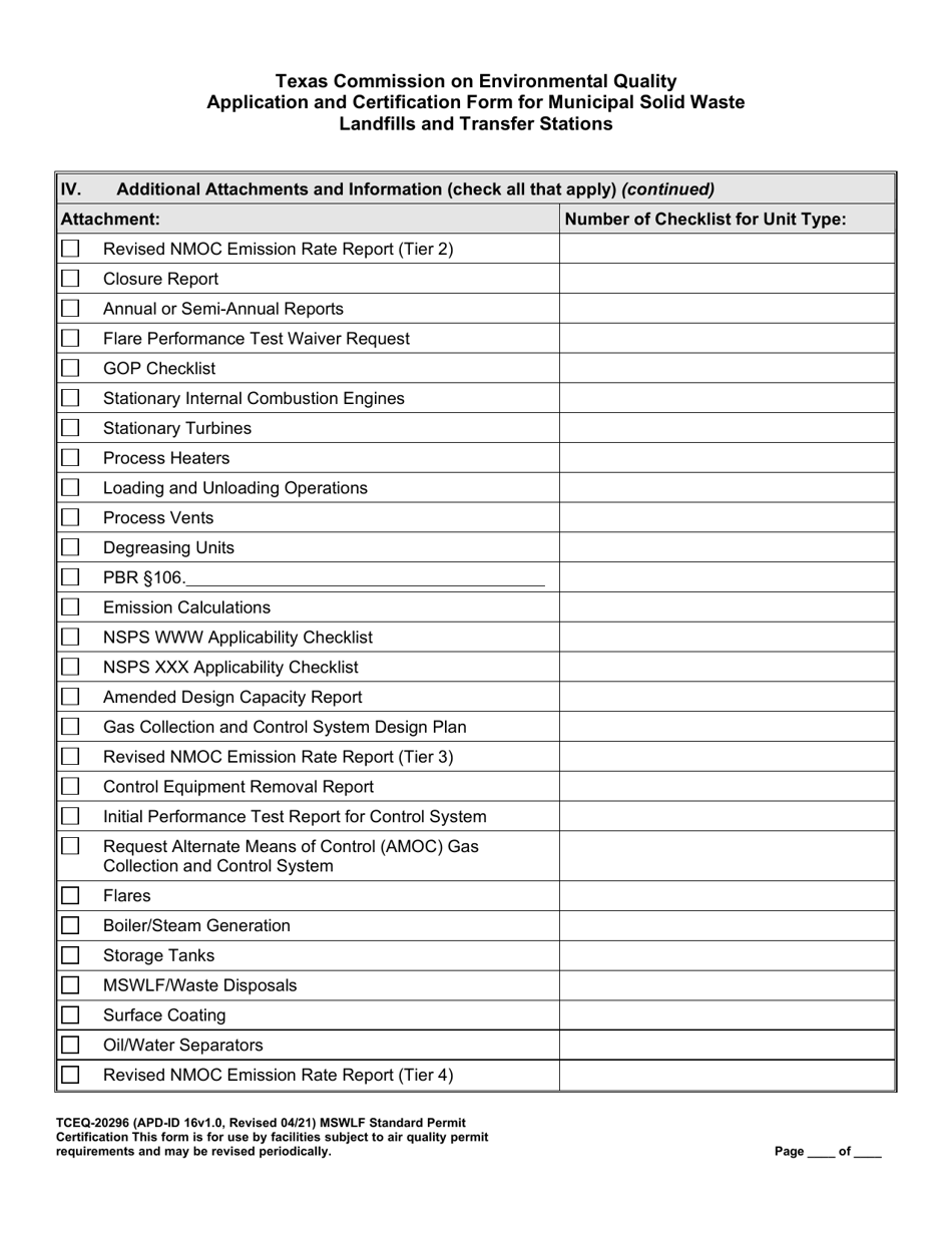 Form TCEQ-20296 Standard Permit Certification Municipal Solid Waste Landfills and Transfer Stations Application - Texas, Page 9
