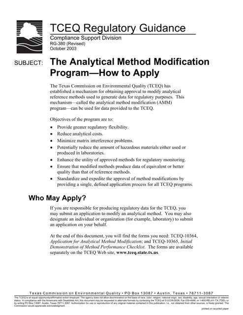 Form TCEQ-10364 Application for Analytical Method Modification - Texas