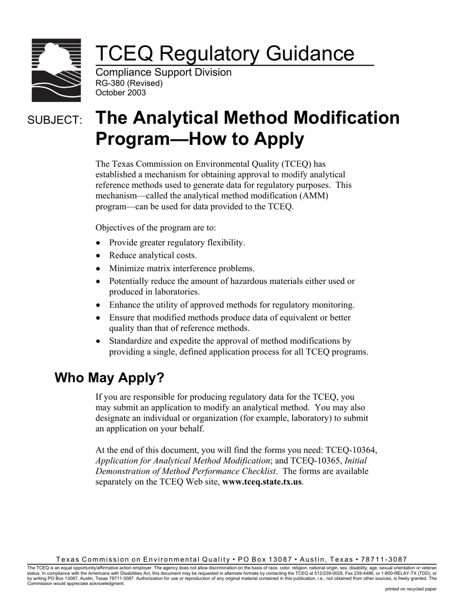 Form TCEQ-10364 Application for Analytical Method Modification - Texas, Page 1