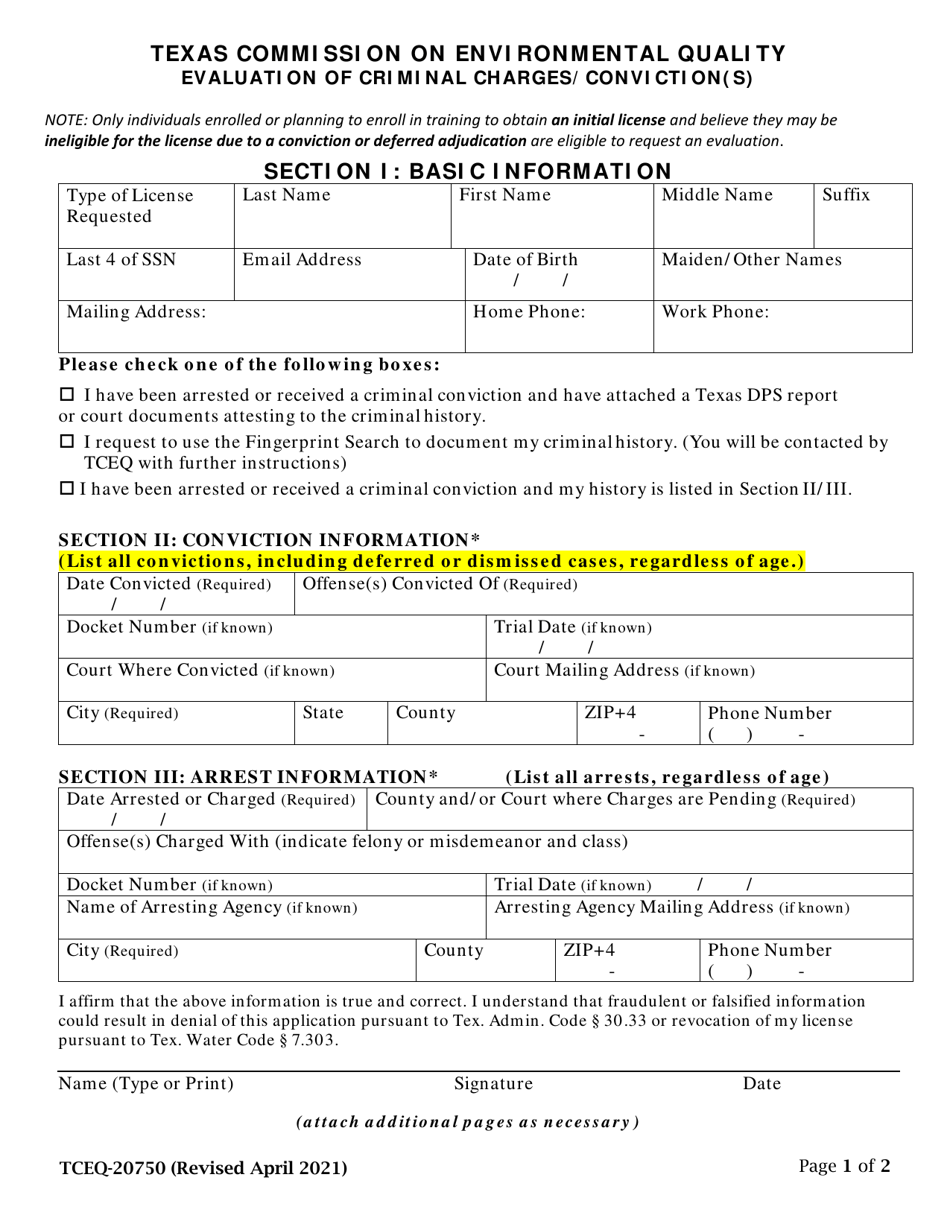Form TCEQ-20750 Evaluation of Criminal Charges / Conviction(S) - Texas, Page 1