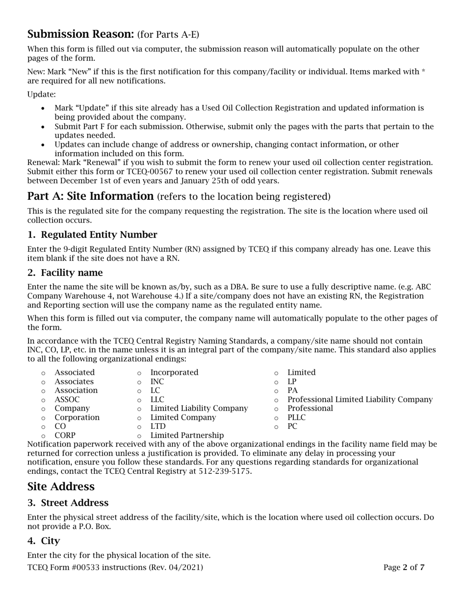 Instructions for Form TCEQ-00533 Registration for Used Oil Collection Center - Texas, Page 2