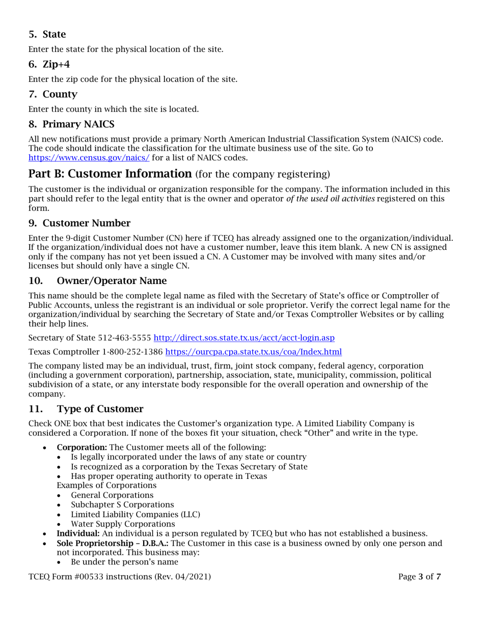 Instructions for Form TCEQ-00533 Registration for Used Oil Collection Center - Texas, Page 3