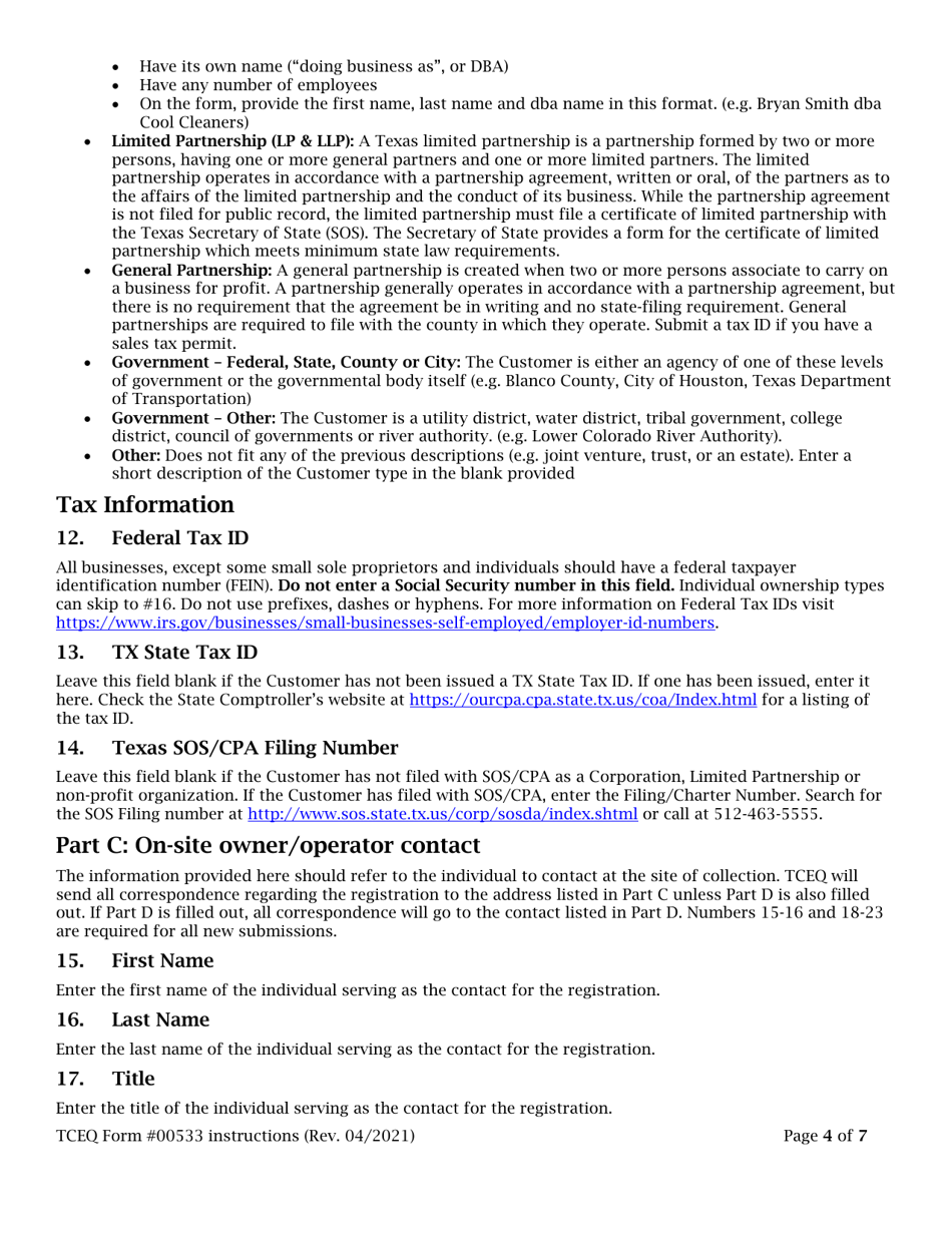 Instructions for Form TCEQ-00533 Registration for Used Oil Collection Center - Texas, Page 4