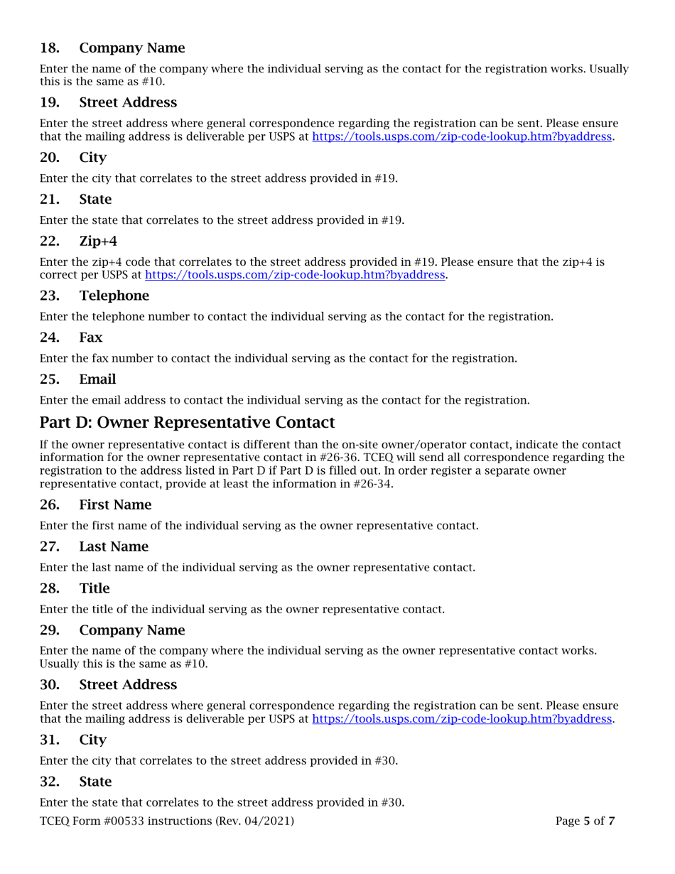Instructions for Form TCEQ-00533 Registration for Used Oil Collection Center - Texas, Page 5