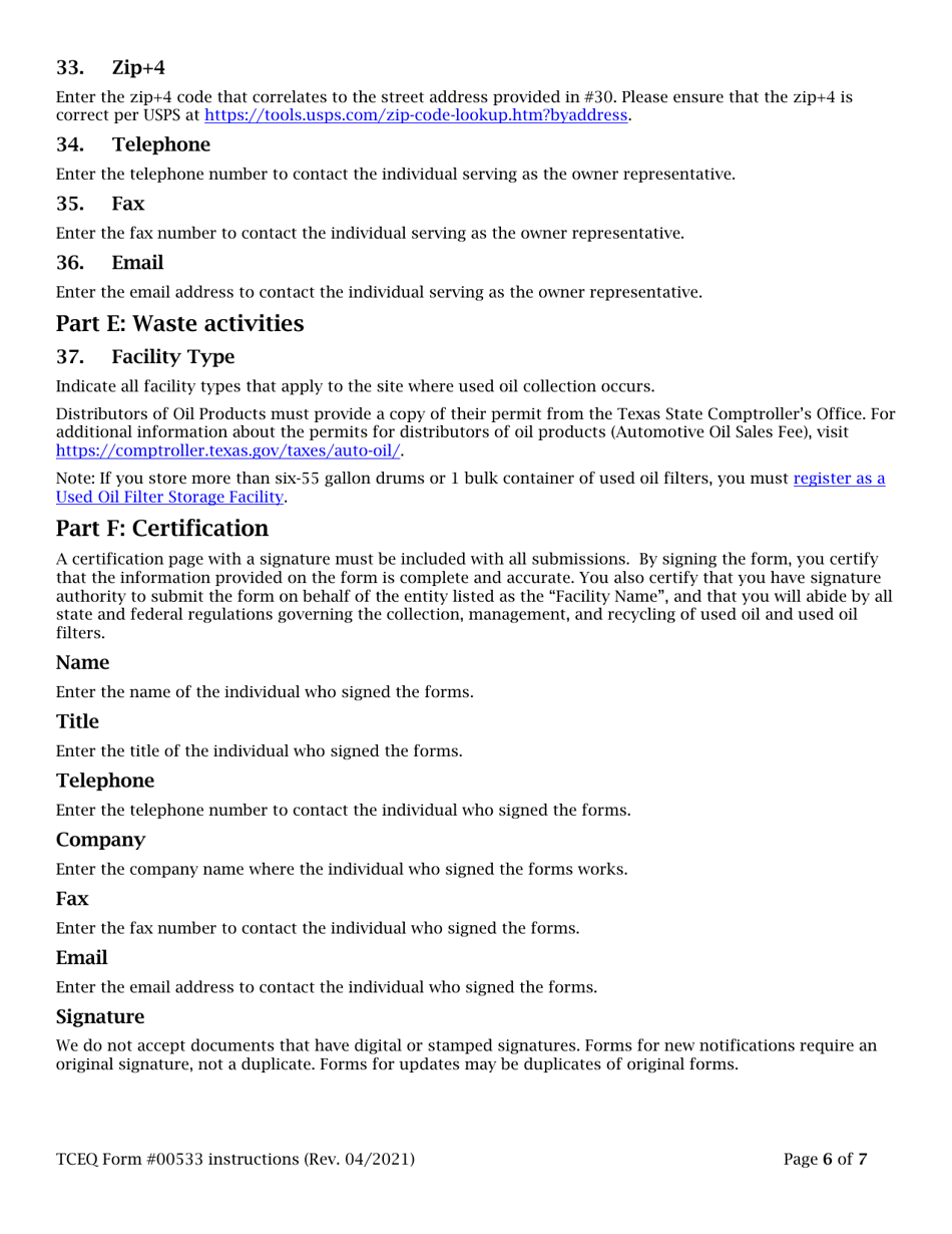 Instructions for Form TCEQ-00533 Registration for Used Oil Collection Center - Texas, Page 6