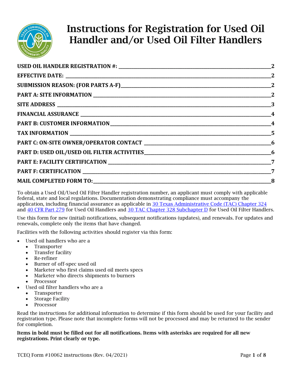 Instructions for Form TCEQ-10062 Registration for Used Oil Handler and / or Used Oil Filter Handlers - Texas, Page 1