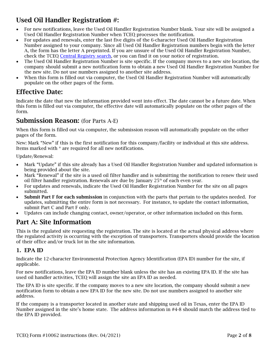 Instructions for Form TCEQ-10062 Registration for Used Oil Handler and / or Used Oil Filter Handlers - Texas, Page 2