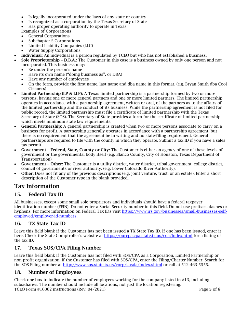Instructions for Form TCEQ-10062 Registration for Used Oil Handler and / or Used Oil Filter Handlers - Texas, Page 5