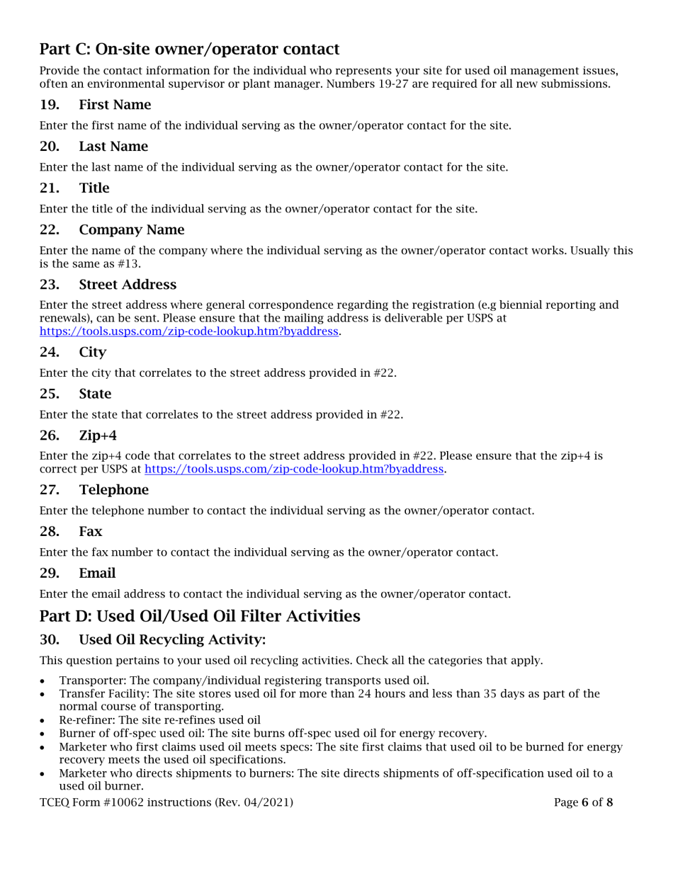 Instructions for Form TCEQ-10062 Registration for Used Oil Handler and / or Used Oil Filter Handlers - Texas, Page 6