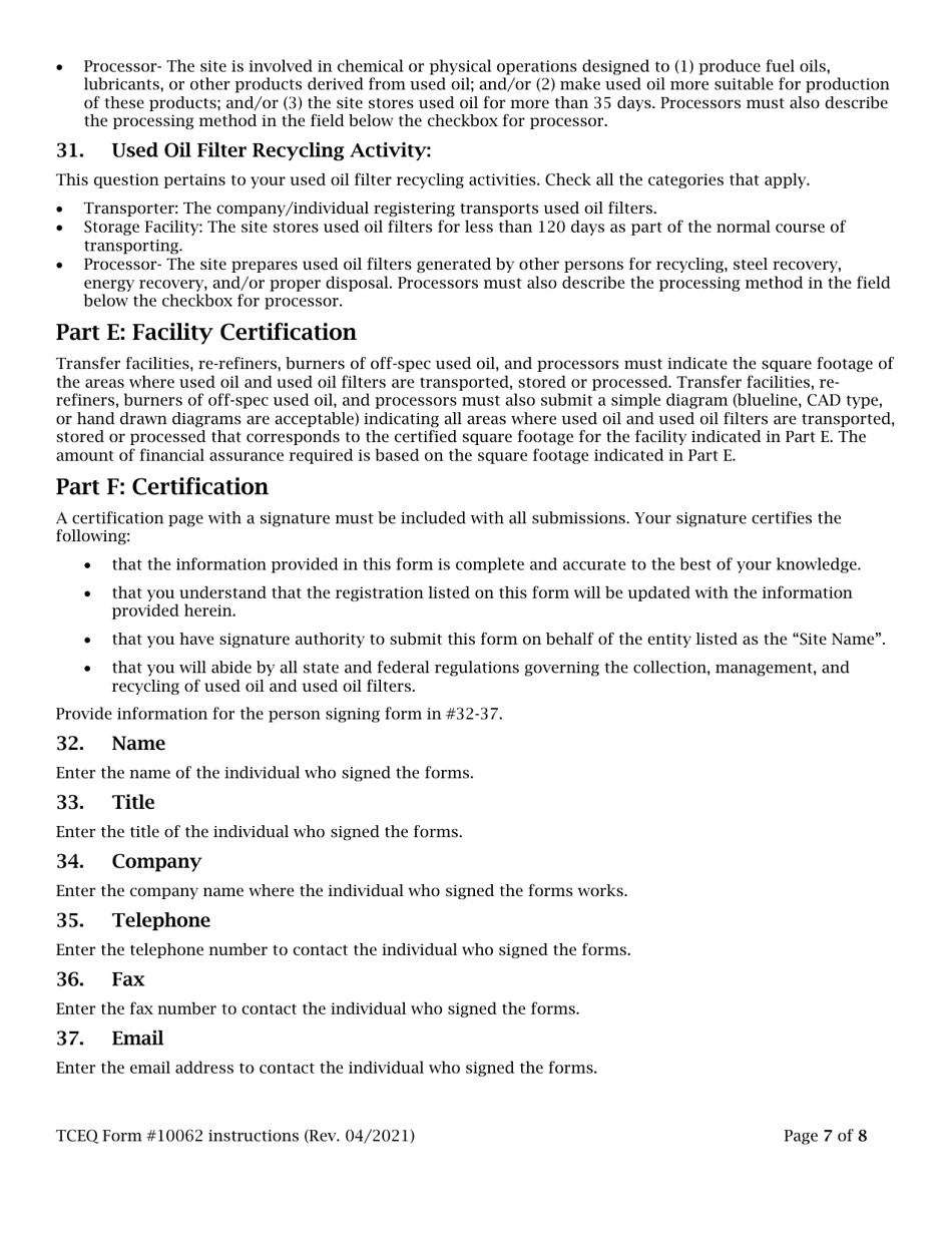 Instructions for Form TCEQ-10062 Registration for Used Oil Handler and / or Used Oil Filter Handlers - Texas, Page 7
