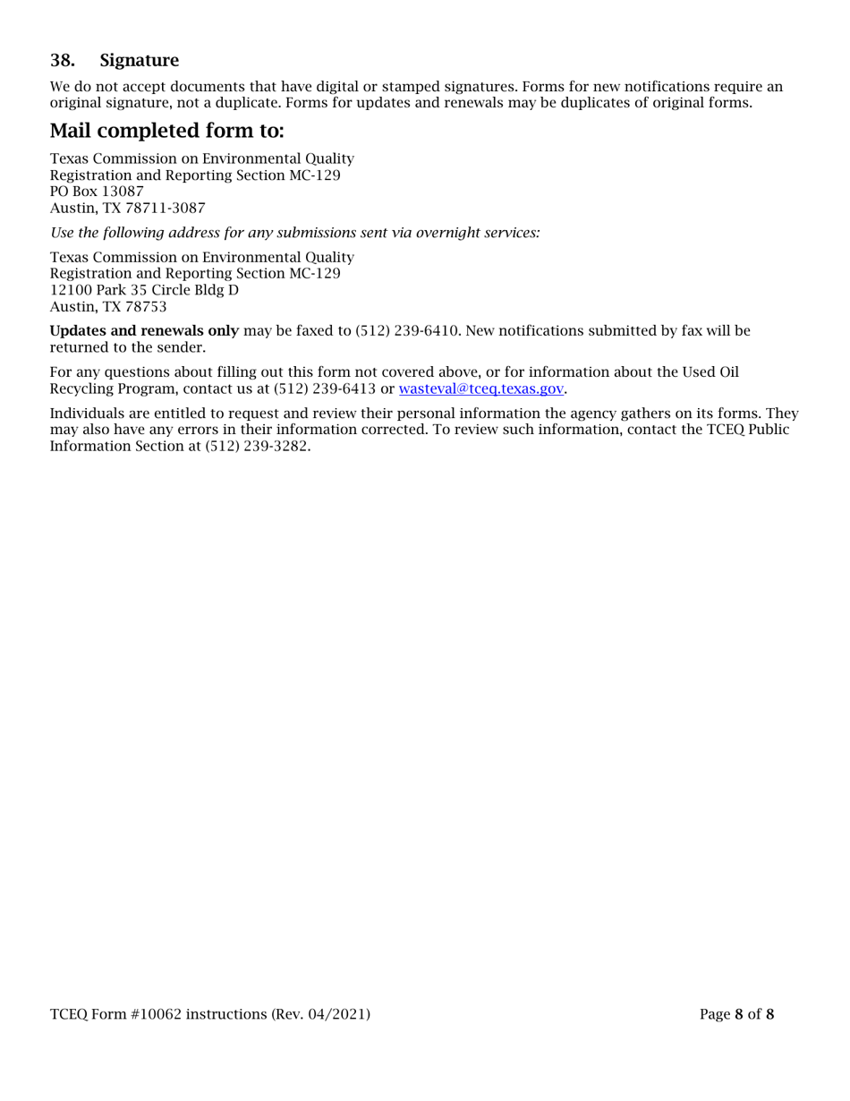 Instructions for Form TCEQ-10062 Registration for Used Oil Handler and / or Used Oil Filter Handlers - Texas, Page 8