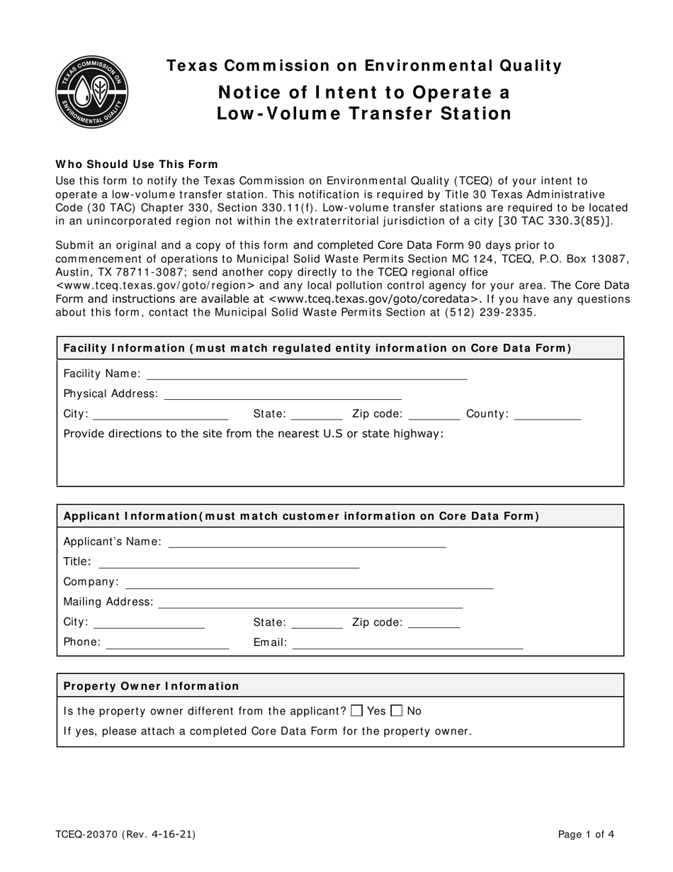 Form TCEQ-20370 Notice of Intent to Operate a Low-Volume Transfer Station - Texas, Page 1