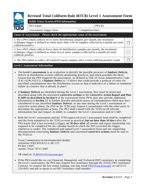 Form TCEQ-20901 Revised Total Coliform Rule (Rtcr) Level 1 Assessment Form - Texas