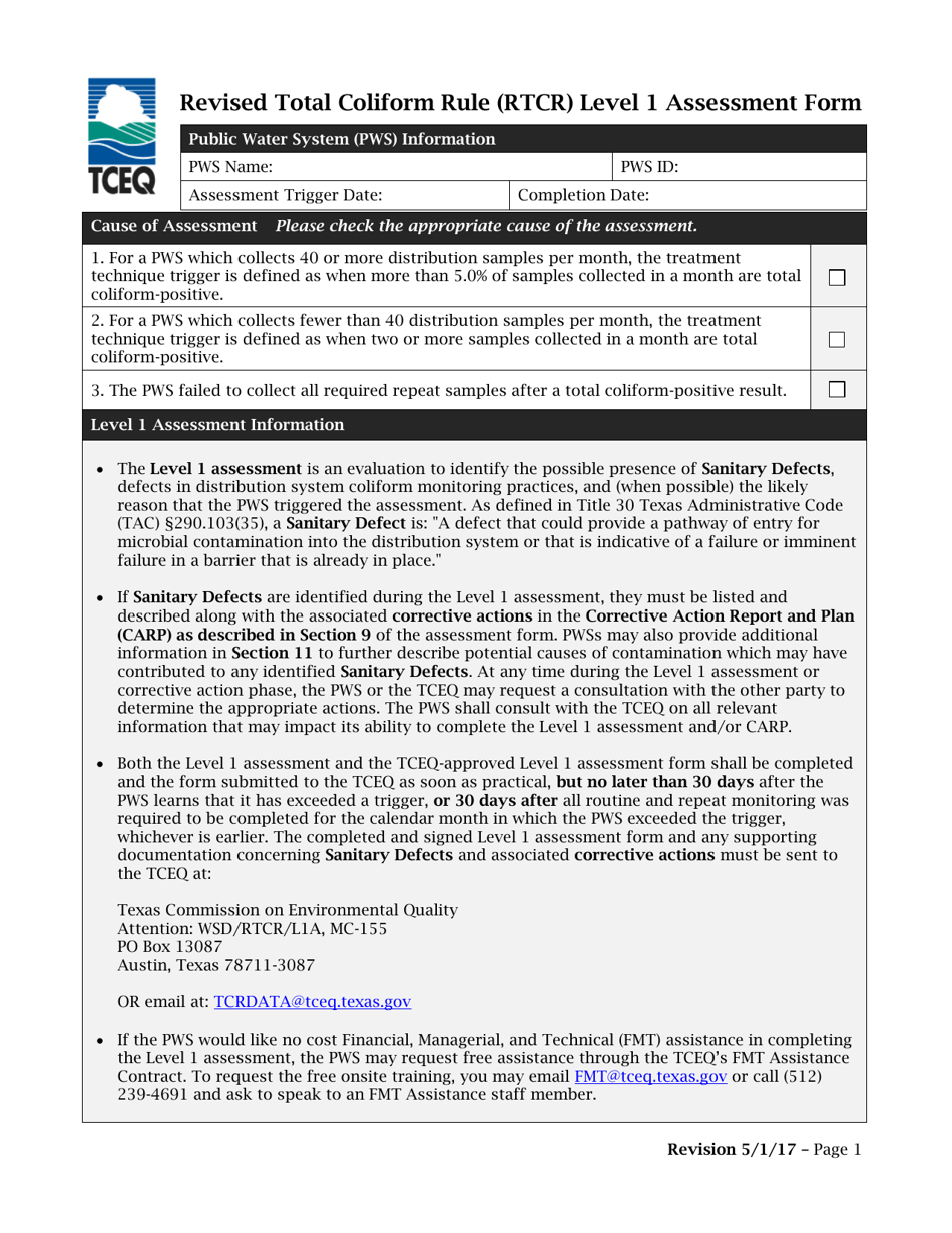 Form TCEQ-20901 Revised Total Coliform Rule (Rtcr) Level 1 Assessment Form - Texas, Page 1