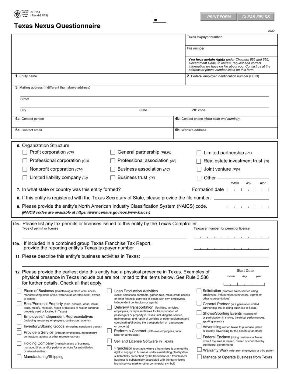 Form AP-114 Texas Nexus Questionnaire - Texas, Page 1
