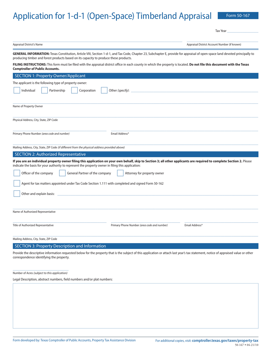 Form 50-167 Application for 1-d-1 (Open-Space) Timberland Appraisal - Texas, Page 1