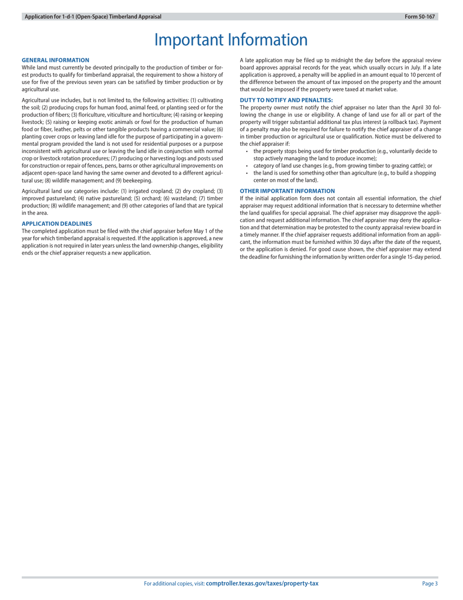 Form 50-167 Application for 1-d-1 (Open-Space) Timberland Appraisal - Texas, Page 3