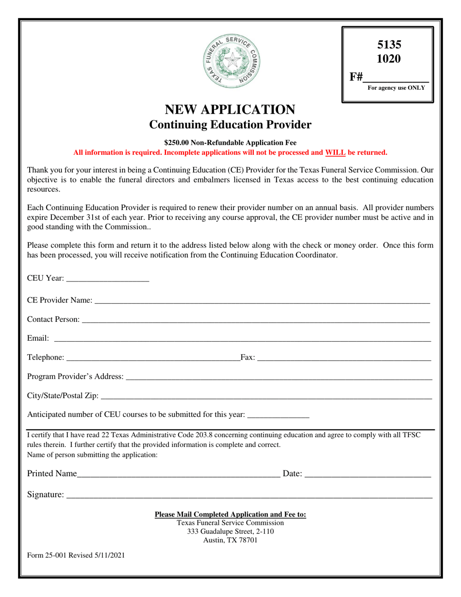 Form 25-001 Continuing Education Provider Application - Texas, Page 1