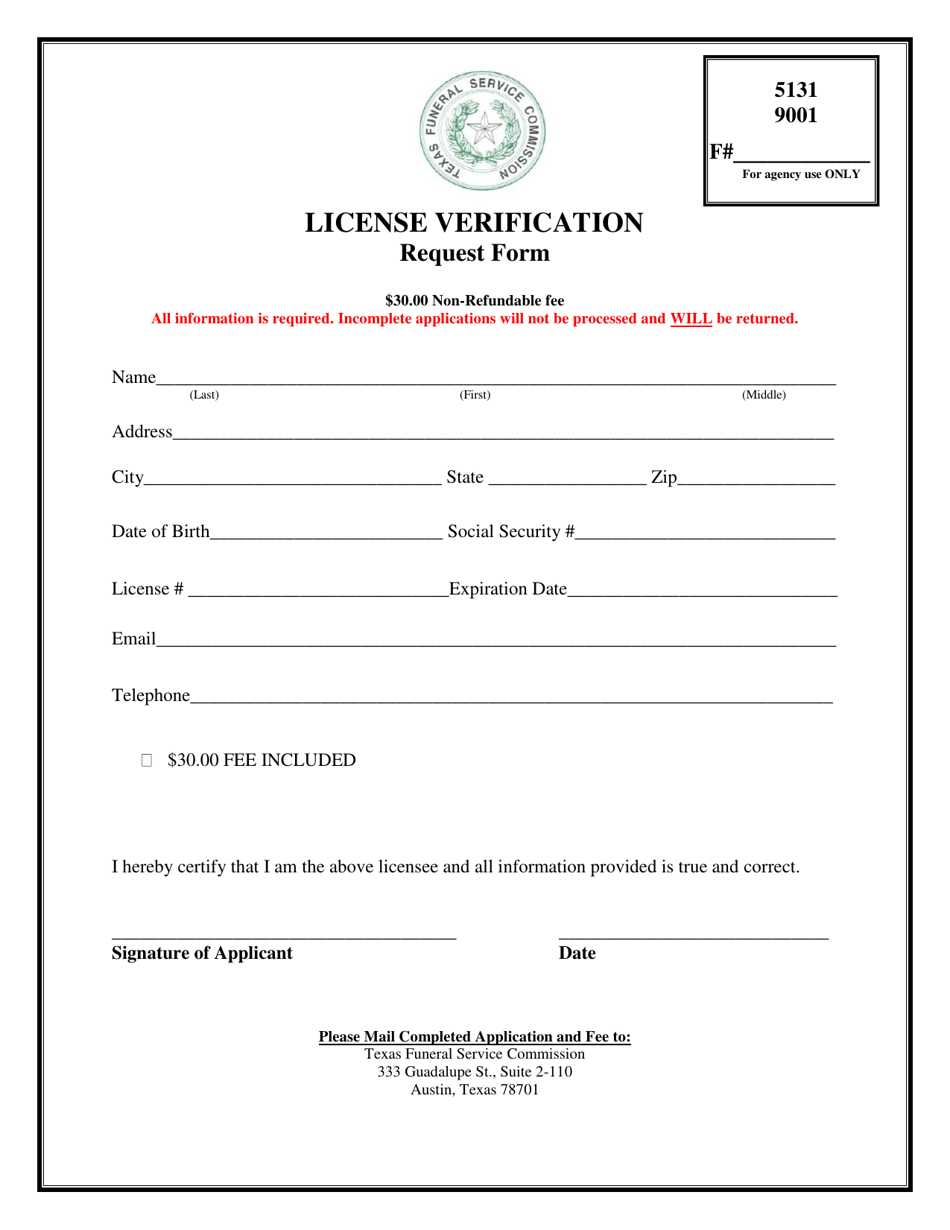 Texas License Verification Request Form Download Printable PDF