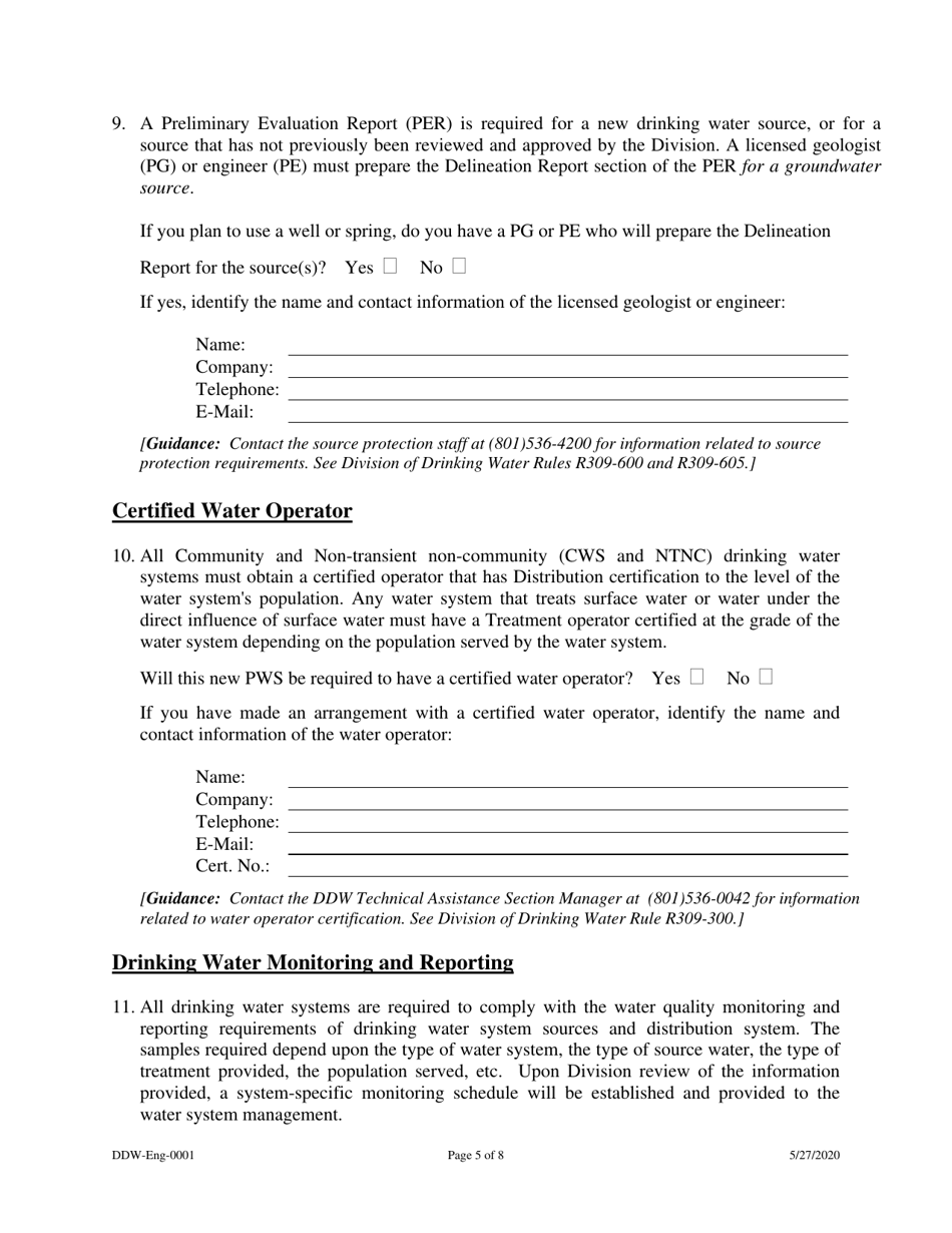 Form DDW-Eng-0001 New Public Drinking Water System Application - Utah, Page 5