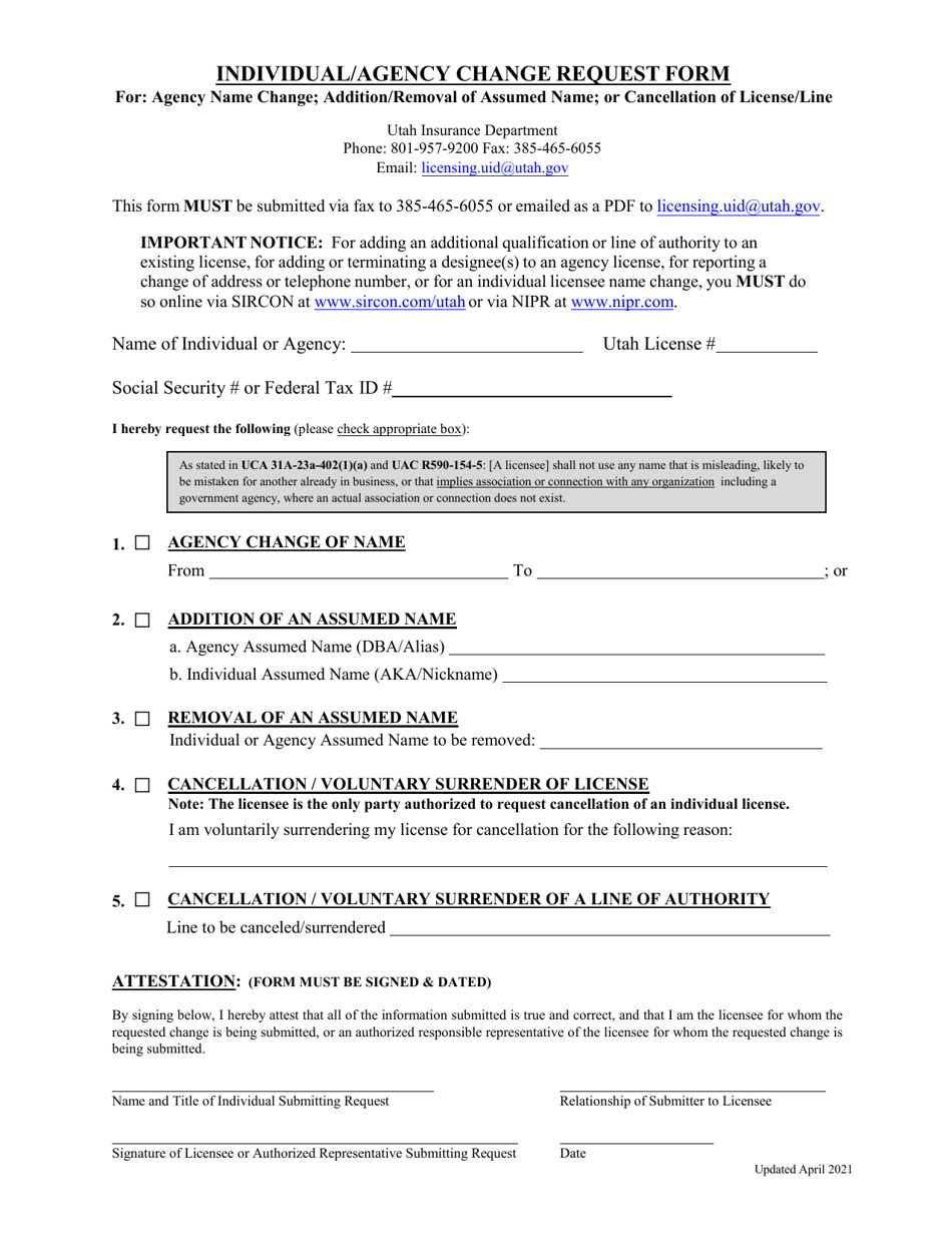 Individual / Agency Change Request Form - Utah, Page 1