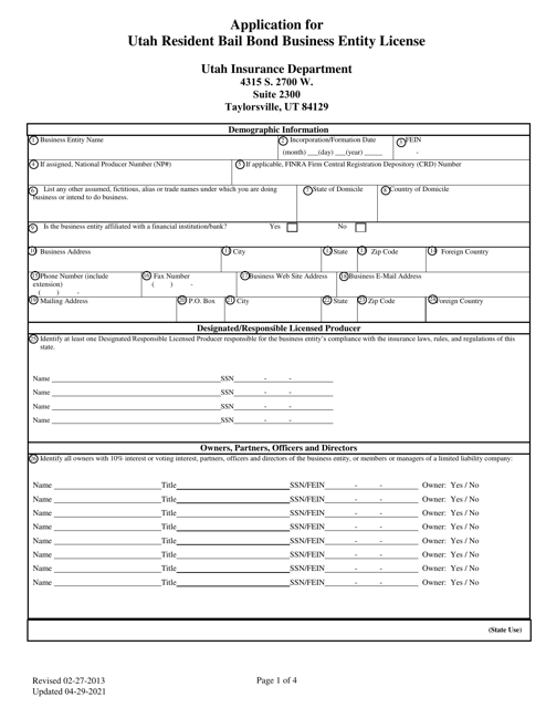 Application for Utah Resident Bail Bond Business Entity License - Utah Download Pdf