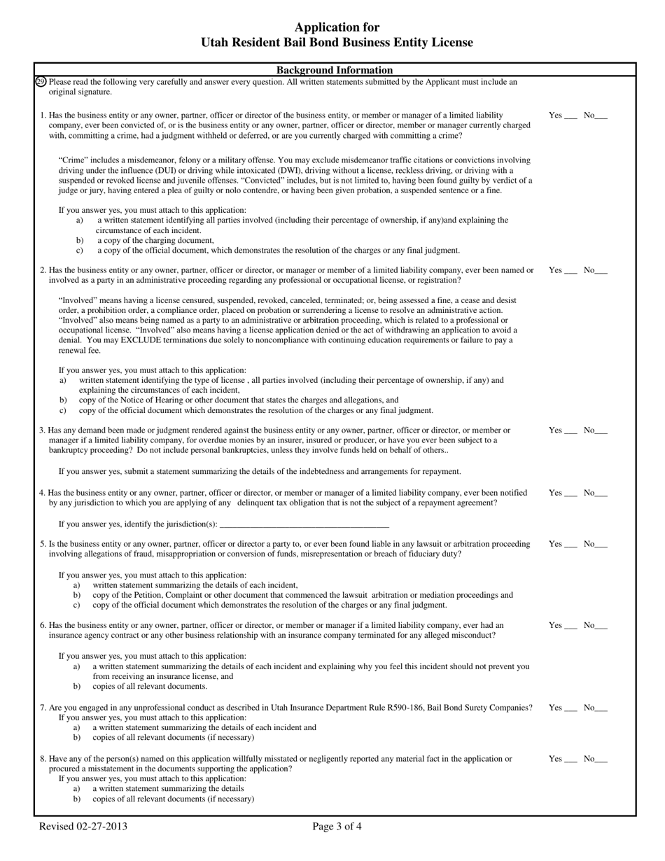 Application for Utah Resident Bail Bond Business Entity License - Utah, Page 3