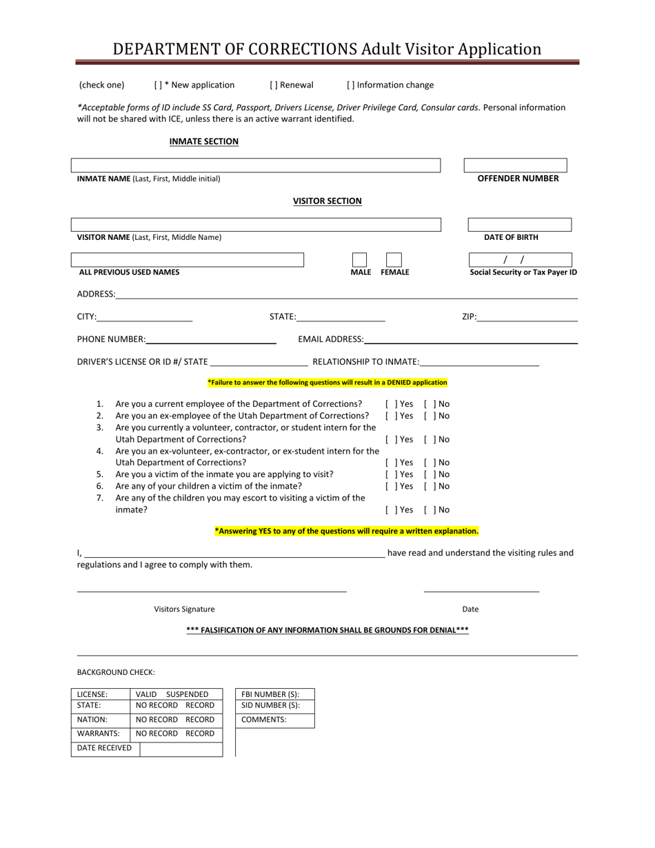 Adult Visitor Application - Utah, Page 1