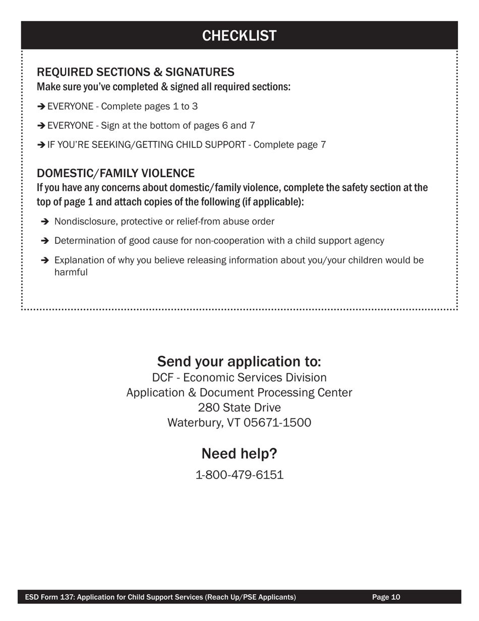 ESD Form 137 Application for Child Support Services for Reach up / Pse Applicants - Vermont, Page 10