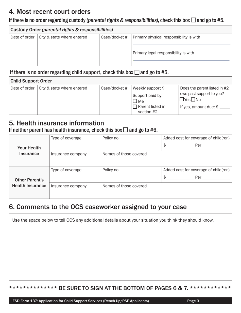 ESD Form 137 Application for Child Support Services for Reach up / Pse Applicants - Vermont, Page 3
